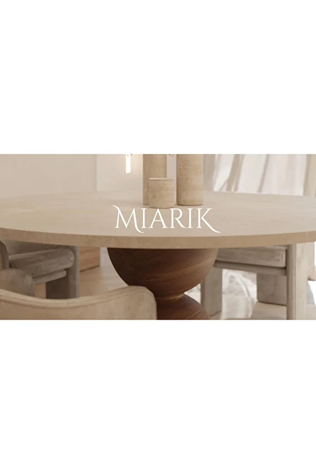 Yuvarlak Ahşap Bogum Ayak Traverten Tabla Mermer Yemek Masası
